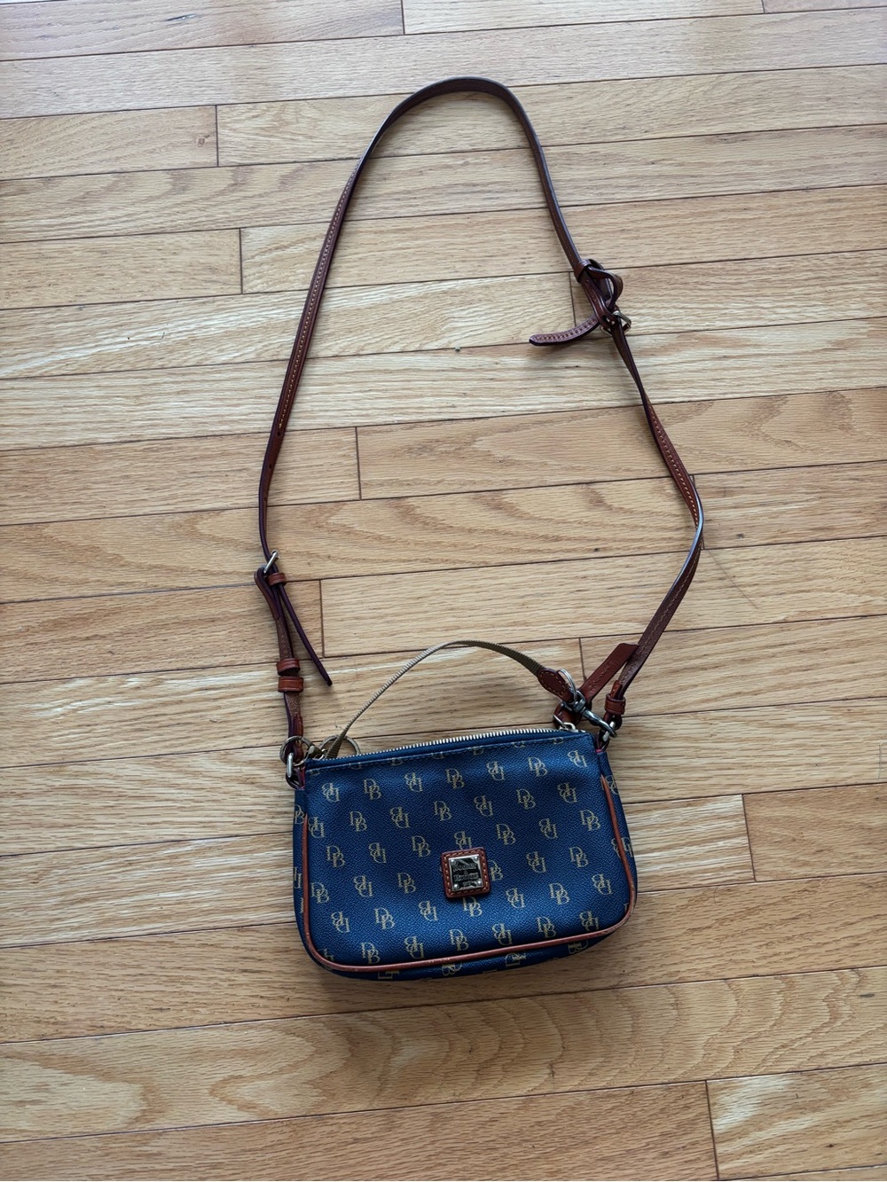Dooney & Bourke Navy Logo Crossbody with Brown Leather Trim